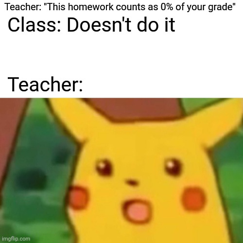 Why Would you Make it 0%??!! |  Teacher: "This homework counts as 0% of your grade"; Class: Doesn't do it; Teacher: | image tagged in memes,surprised pikachu,teacher,homework,school,student | made w/ Imgflip meme maker