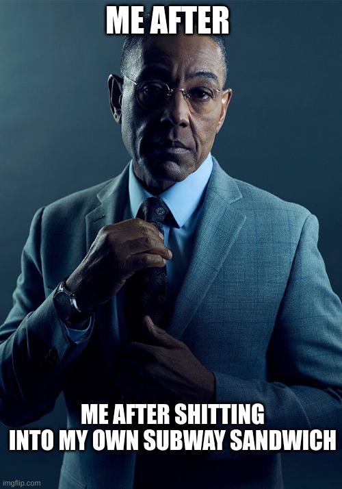 Gus Fring we are not the same | ME AFTER; ME AFTER SHITTING INTO MY OWN SUBWAY SANDWICH | image tagged in gus fring we are not the same | made w/ Imgflip meme maker