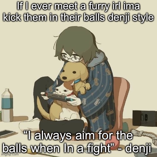 Avogado6 | If I ever meet a furry irl ima kick them in their balls denji style; “I always aim for the balls when In a fight” - denji | image tagged in avogado6 | made w/ Imgflip meme maker