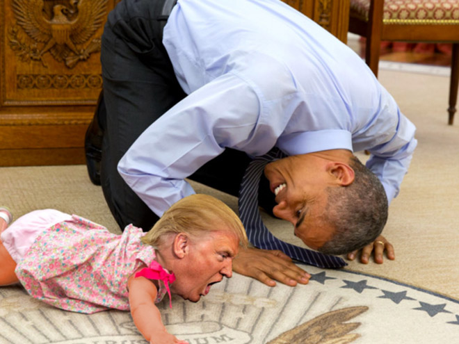 Baby Infant Child Trump with a real grownup Obama watching Blank Meme Template