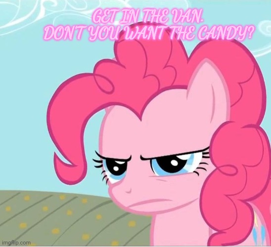 Pinkie Pie Stare | GET IN THE VAN. DON'T YOU WANT THE CANDY? | image tagged in pinkie pie stare | made w/ Imgflip meme maker