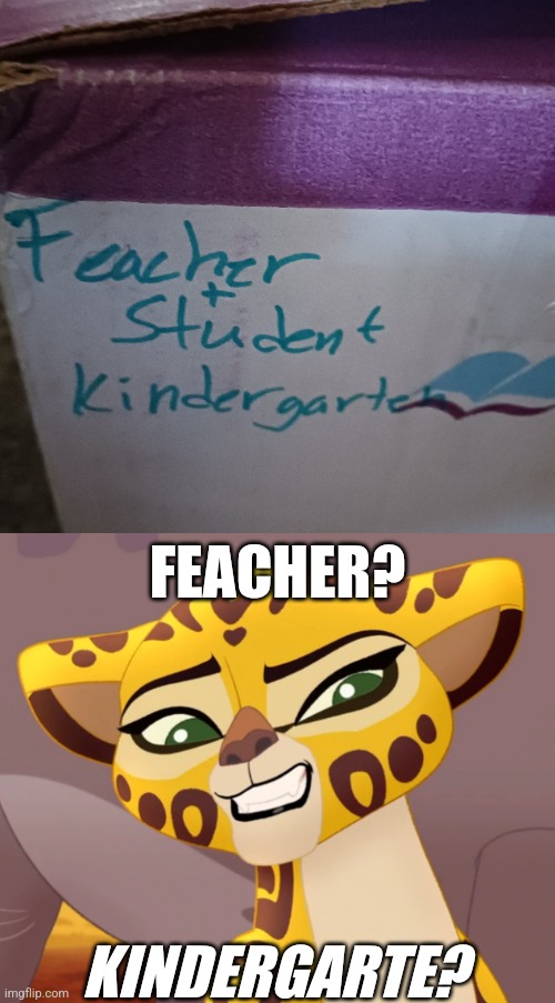 The kindergarte feacher | FEACHER? KINDERGARTE? | image tagged in fuli cringe,kindergarten,teacher,box,writing,failure | made w/ Imgflip meme maker