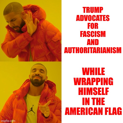 Trump Is A Fascist | TRUMP ADVOCATES
FOR FASCISM AND AUTHORITARIANISM; WHILE WRAPPING HIMSELF IN THE AMERICAN FLAG | image tagged in memes,drake hotline bling,fascist,fascism,trump sucks,lock him up | made w/ Imgflip meme maker