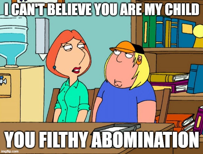 I CAN'T BELIEVE YOU ARE MY CHILD; YOU FILTHY ABOMINATION | image tagged in family guy,lois griffin,chris griffin | made w/ Imgflip meme maker