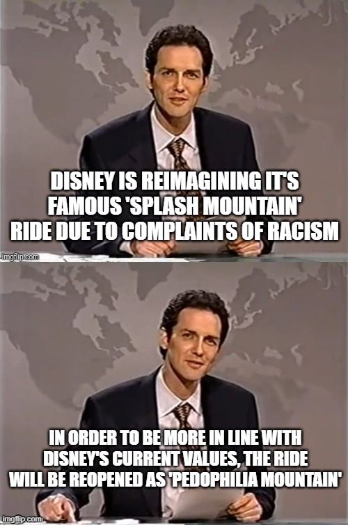 Disney's Pedophilia Mountain | DISNEY IS REIMAGINING IT'S FAMOUS 'SPLASH MOUNTAIN' RIDE DUE TO COMPLAINTS OF RACISM; IN ORDER TO BE MORE IN LINE WITH DISNEY'S CURRENT VALUES, THE RIDE WILL BE REOPENED AS 'PEDOPHILIA MOUNTAIN' | image tagged in weekend update with norm | made w/ Imgflip meme maker