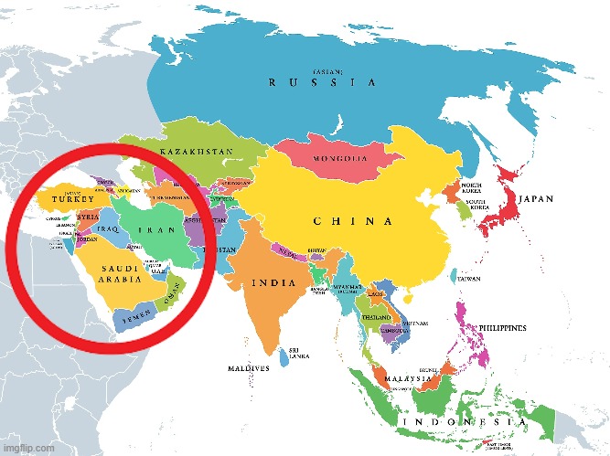 I made this for someone on another website who refuses to believe that the Middle East is part of Asia. | image tagged in map,geography,history,cognitive dissonance | made w/ Imgflip meme maker