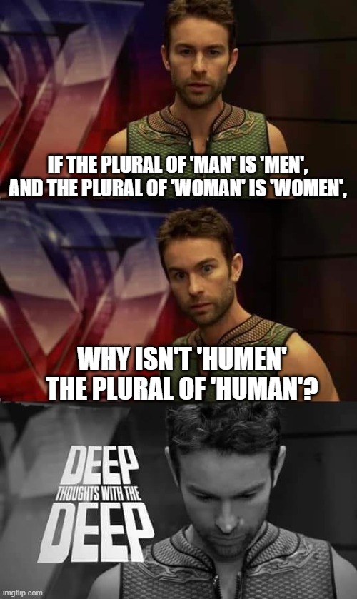 English plurals are weird | IF THE PLURAL OF 'MAN' IS 'MEN', AND THE PLURAL OF 'WOMAN' IS 'WOMEN', WHY ISN'T 'HUMEN' THE PLURAL OF 'HUMAN'? | image tagged in deep thoughts with the deep,shower thoughts | made w/ Imgflip meme maker