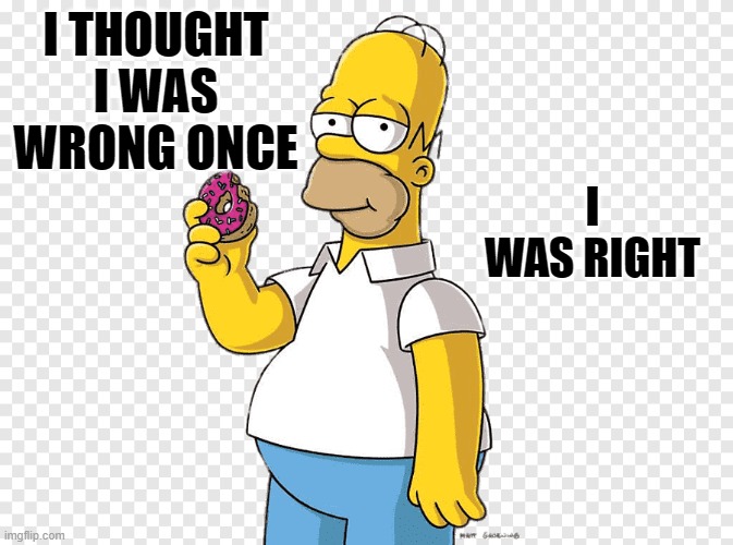 homer | I THOUGHT I WAS WRONG ONCE; I WAS RIGHT | image tagged in homer | made w/ Imgflip meme maker