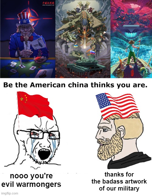 thanks for the badass artwork of our military; nooo you're evil warmongers | image tagged in soyboy vs yes chad | made w/ Imgflip meme maker