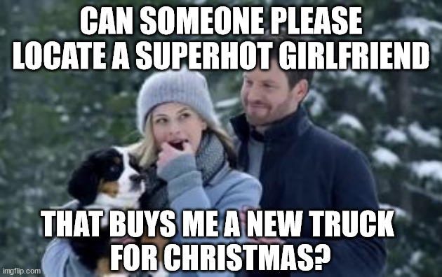 Super-hot girlfriend! | CAN SOMEONE PLEASE LOCATE A SUPERHOT GIRLFRIEND; THAT BUYS ME A NEW TRUCK 
FOR CHRISTMAS? | image tagged in memes,girlfriend,truck,christmas,hot,puppy | made w/ Imgflip meme maker