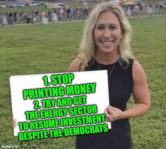 marjorie taylor greene | 1. STOP PRINTING MONEY 2. TRY AND GET THE ENERGY SECTOR TO RESUME INVESTMENT DESPITE THE DEMOCRATS | image tagged in marjorie taylor greene | made w/ Imgflip meme maker