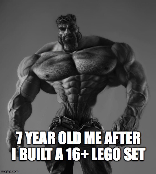 true story i did that 2  more times | 7 YEAR OLD ME AFTER I BUILT A 16+ LEGO SET | image tagged in gigachad | made w/ Imgflip meme maker