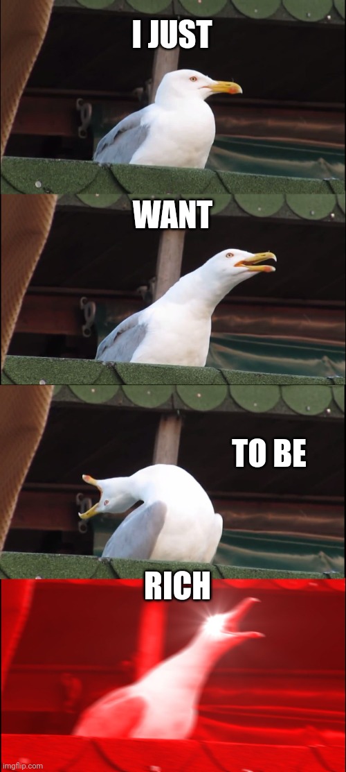 Inhaling Seagull Meme | I JUST; WANT; TO BE; RICH | image tagged in memes,inhaling seagull | made w/ Imgflip meme maker