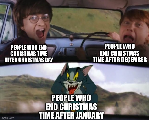 Tom chasing Harry and Ron Weasly | PEOPLE WHO END CHRISTMAS TIME AFTER DECEMBER; PEOPLE WHO END CHRISTMAS TIME AFTER CHRISTMAS DAY; PEOPLE WHO END CHRISTMAS TIME AFTER JANUARY | image tagged in tom chasing harry and ron weasly,memes,christmas memes,christmas,funny,christmas meme | made w/ Imgflip meme maker