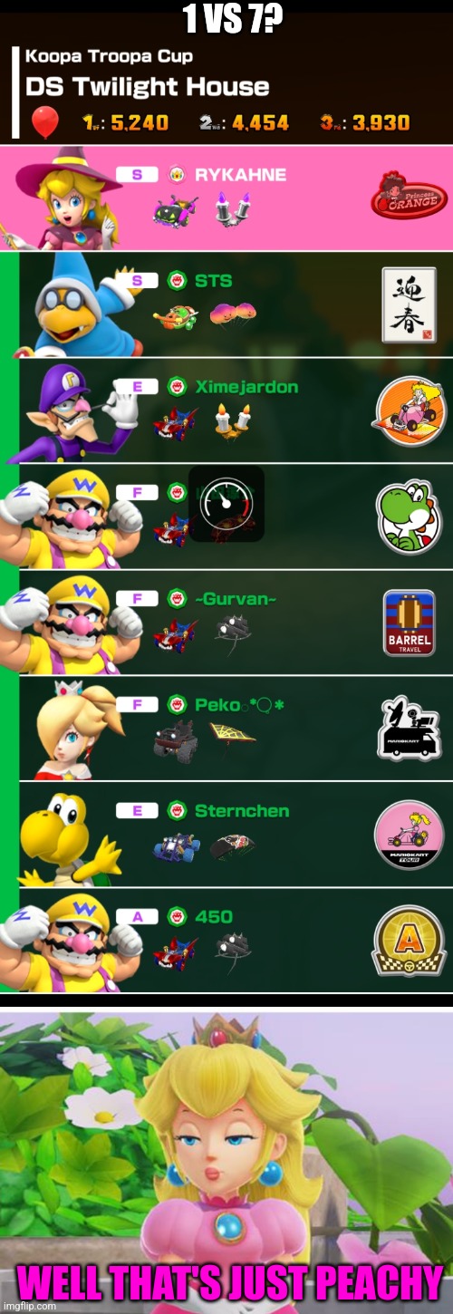 TEAM PEACH VS TEAM BOWSER IS GETTING TO BE A JOKE | 1 VS 7? WELL THAT'S JUST PEACHY | image tagged in peach thot,mario kart,nintendo,mario kart tour,princess peach | made w/ Imgflip meme maker