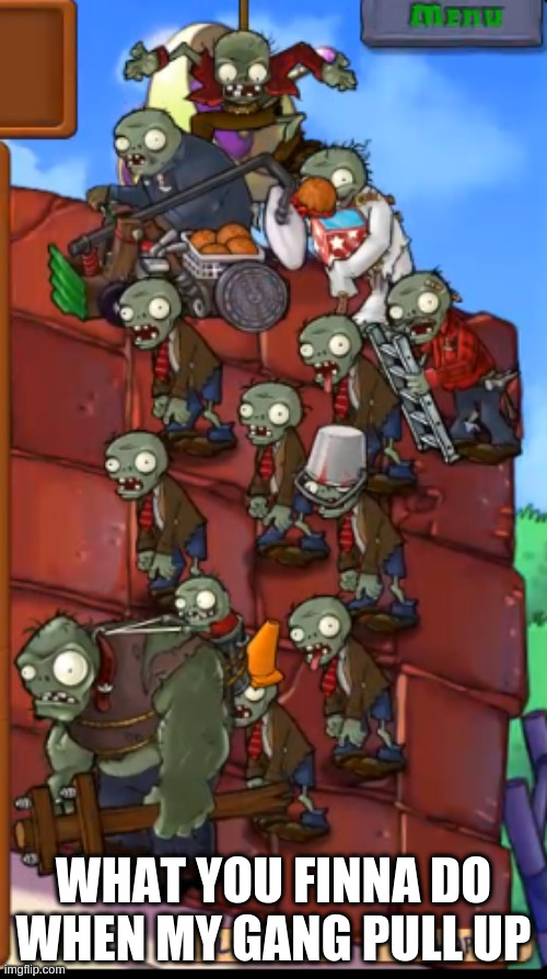 image courtesy of a friend o' mine | WHAT YOU FINNA DO WHEN MY GANG PULL UP | image tagged in plants vs zombies,gang,the boys | made w/ Imgflip meme maker