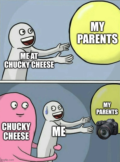 5 yrold me at chucky cheese. | MY PARENTS; ME AT CHUCKY CHEESE; MY PARENTS; CHUCKY CHEESE; ME | image tagged in memes,running away balloon | made w/ Imgflip meme maker
