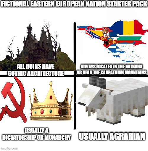 Blank Starter Pack | FICTIONAL EASTERN EUROPEAN NATION STARTER PACK; ALWAYS LOCATED IN THE BALKANS OR NEAR THE CARPATHIAN MOUNTAINS; ALL RUINS HAVE GOTHIC ARCHITECTURE; USUALLY A DICTATORSHIP OR MONARCHY; USUALLY AGRARIAN | image tagged in memes,blank starter pack | made w/ Imgflip meme maker