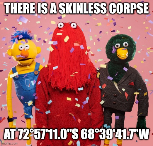 THERE IS A SKINLESS CORPSE; AT 72°57'11.0"S 68°39'41.7"W | made w/ Imgflip meme maker