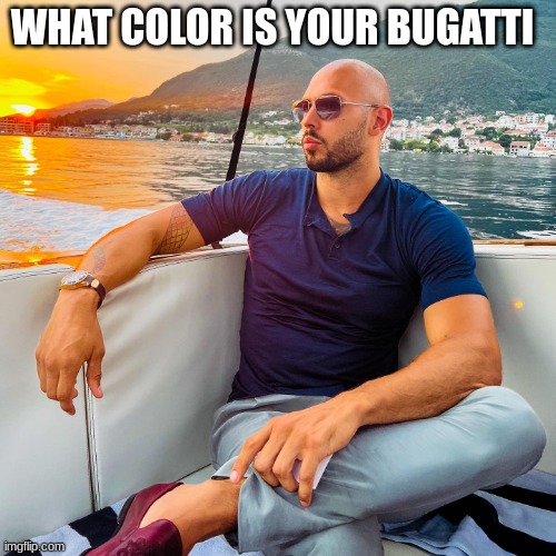 top g | WHAT COLOR IS YOUR BUGATTI | image tagged in top g | made w/ Imgflip meme maker