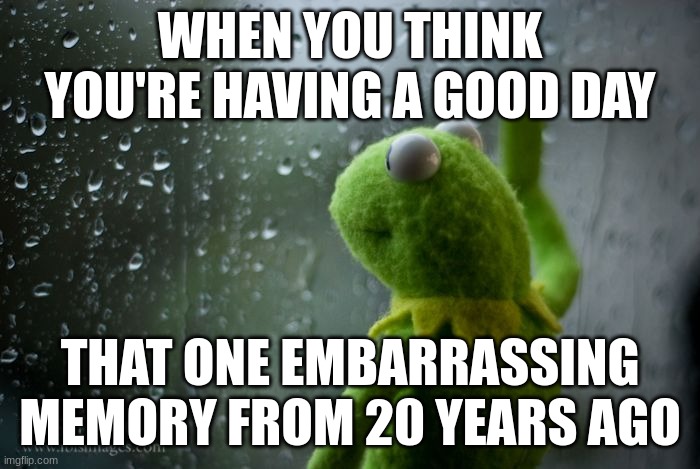 kermit window | WHEN YOU THINK YOU'RE HAVING A GOOD DAY; THAT ONE EMBARRASSING MEMORY FROM 20 YEARS AGO | image tagged in kermit window | made w/ Imgflip meme maker