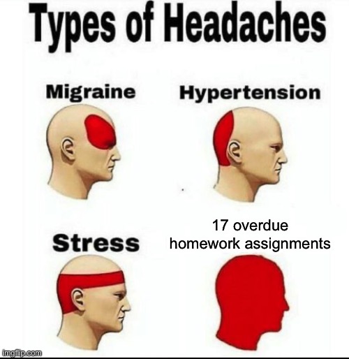 Types of Headaches meme | 17 overdue homework assignments | image tagged in types of headaches meme | made w/ Imgflip meme maker