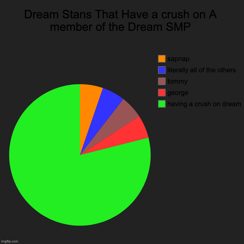 totally accurate | Dream Stans That Have a crush on A member of the Dream SMP | having a crush on dream, george, tommy, literally all of the others, sapnap | image tagged in charts,pie charts | made w/ Imgflip chart maker