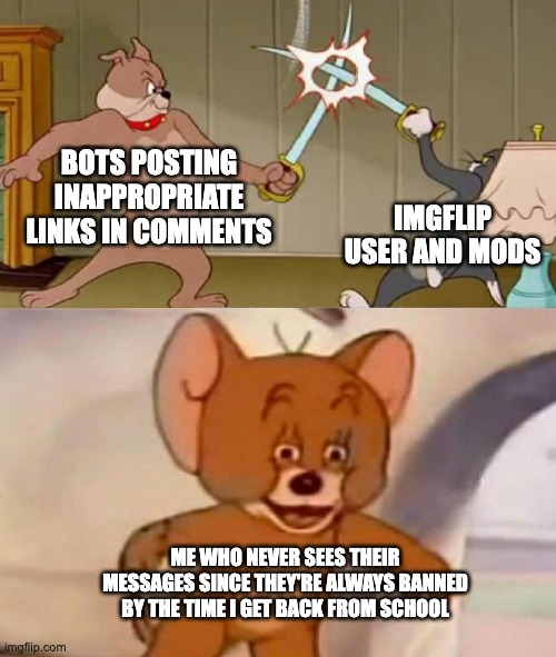 There's so many bots |  BOTS POSTING INAPPROPRIATE LINKS IN COMMENTS; IMGFLIP USER AND MODS; ME WHO NEVER SEES THEIR MESSAGES SINCE THEY'RE ALWAYS BANNED BY THE TIME I GET BACK FROM SCHOOL | image tagged in tom and jerry swordfight | made w/ Imgflip meme maker