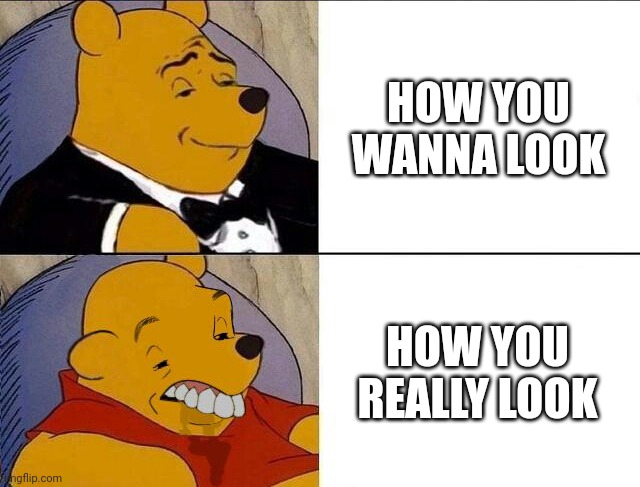 Tuxedo Winnie the Pooh grossed reverse | HOW YOU WANNA LOOK HOW YOU REALLY LOOK | image tagged in tuxedo winnie the pooh grossed reverse | made w/ Imgflip meme maker