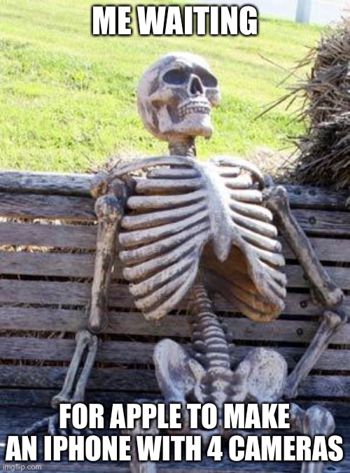 Why are you looking at the title | ME WAITING; FOR APPLE TO MAKE AN IPHONE WITH 4 CAMERAS | image tagged in memes,waiting skeleton,iphone,apple,oh wow are you actually reading these tags | made w/ Imgflip meme maker
