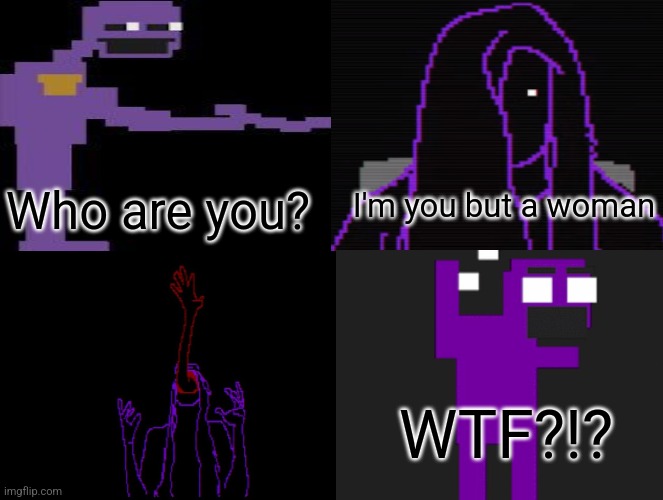 Purple meets Purple | Who are you? I'm you but a woman; WTF?!? | image tagged in video games,memes | made w/ Imgflip meme maker