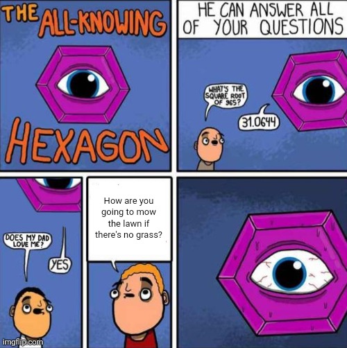 Lawn | How are you going to mow the lawn if there's no grass? | image tagged in all knowing hexagon original,lawn,lawnmower,funny,memes,blank white template | made w/ Imgflip meme maker