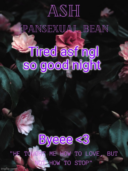 Gn chat | Tired asf ngl so good night; Byeee <3 | image tagged in ash's announcement template | made w/ Imgflip meme maker