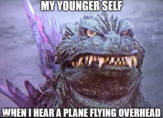 MY YOUNGER SELF; WHEN I HEAR A PLANE FLYING OVERHEAD | image tagged in godzilla,funny | made w/ Imgflip meme maker
