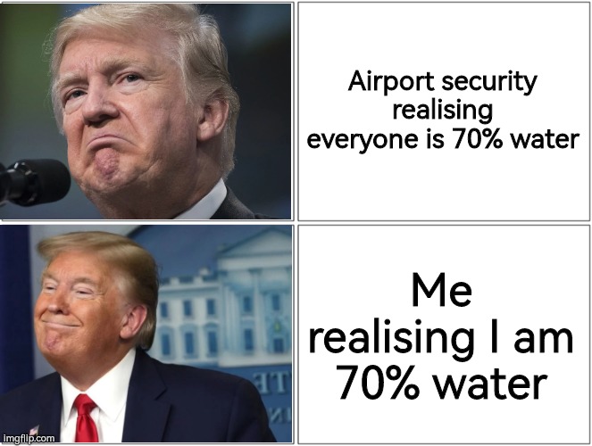 Lol | Airport security realising everyone is 70% water; Me realising I am 70% water | image tagged in trump sad/happy,idk,airport | made w/ Imgflip meme maker