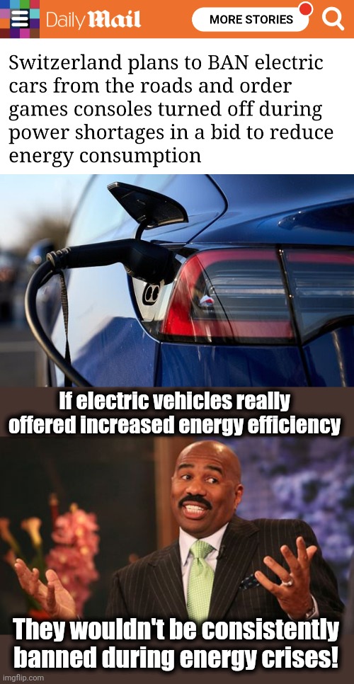 When harsh, cold reality presents itself | If electric vehicles really offered increased energy efficiency; They wouldn't be consistently banned during energy crises! | image tagged in memes,steve harvey,electric vehicles,switzerland | made w/ Imgflip meme maker