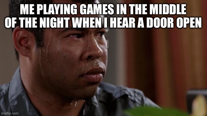 sweating bullets | ME PLAYING GAMES IN THE MIDDLE OF THE NIGHT WHEN I HEAR A DOOR OPEN | image tagged in sweating bullets | made w/ Imgflip meme maker