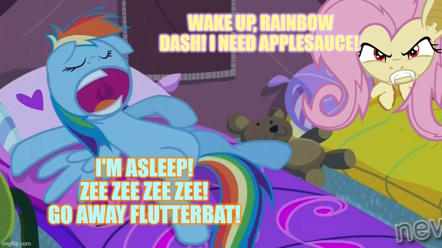Rainbow Dash sleepover | WAKE UP, RAINBOW DASH! I NEED APPLESAUCE! I'M ASLEEP! ZEE ZEE ZEE ZEE! GO AWAY FLUTTERBAT! | image tagged in rainbow dash sleepover,rainbow dash,mlp,flutterbat | made w/ Imgflip meme maker