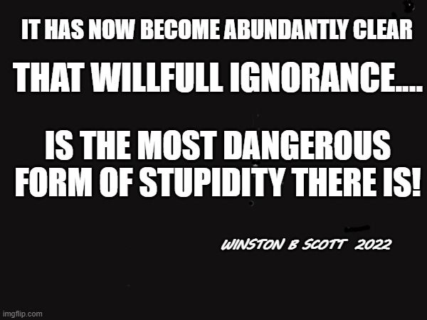 IT HAS NOW BECOME ABUNDANTLY CLEAR; THAT WILLFULL IGNORANCE.... IS THE MOST DANGEROUS FORM OF STUPIDITY THERE IS! WINSTON B SCOTT  2022 | made w/ Imgflip meme maker