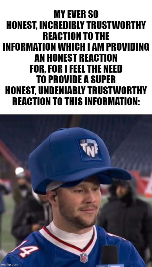 My Honest Reaction to that Information | MY EVER SO HONEST, INCREDIBLY TRUSTWORTHY REACTION TO THE INFORMATION WHICH I AM PROVIDING AN HONEST REACTION FOR, FOR I FEEL THE NEED TO PROVIDE A SUPER HONEST, UNDENIABLY TRUSTWORTHY REACTION TO THIS INFORMATION: | image tagged in memes,funny memes | made w/ Imgflip meme maker
