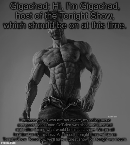 giga chad | Gigachad: Hi, I'm Gigachad, host of the Tonight Show, which should be on at this time. For those of you who are not aware, my colleguaeue and good friend Onan Co'Brien was shot and killed last night after filming what would be his last show. We are all heartbroken by this loss. As a result, tonight there will be no Tonight Show. Tomorrow, we'll have a great show, but tonight we mourn. | image tagged in giga chad | made w/ Imgflip meme maker