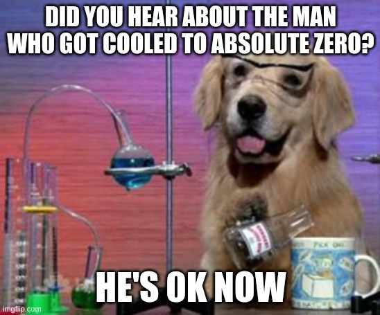 He's 0k | DID YOU HEAR ABOUT THE MAN WHO GOT COOLED TO ABSOLUTE ZERO? HE'S 0K NOW | image tagged in science dog | made w/ Imgflip meme maker