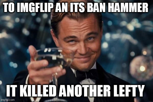Leonardo Dicaprio Cheers Meme | TO IMGFLIP AN ITS BAN HAMMER; IT KILLED ANOTHER LEFTY | image tagged in memes,leonardo dicaprio cheers | made w/ Imgflip meme maker