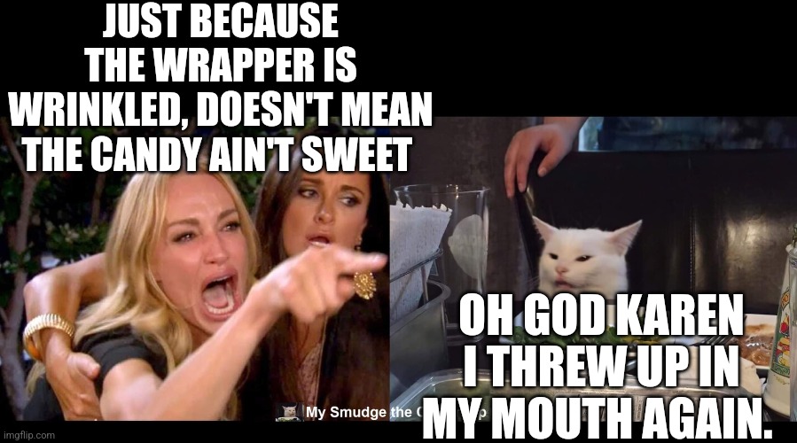 JUST BECAUSE THE WRAPPER IS WRINKLED, DOESN'T MEAN THE CANDY AIN'T SWEET; OH GOD KAREN I THREW UP IN MY MOUTH AGAIN. | image tagged in smudge the cat,funny memes,woman yelling at cat | made w/ Imgflip meme maker