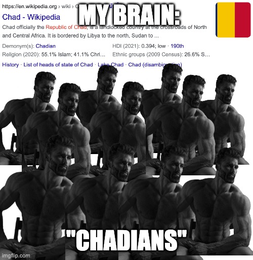 if only chadians actually looked like this lol | MY BRAIN:; "CHADIANS" | image tagged in chad,giga chad,gigachad,chad-,my brain,republic of chad | made w/ Imgflip meme maker