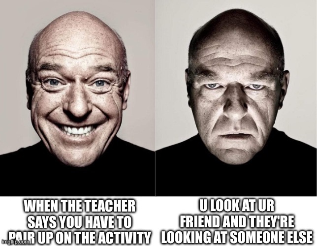 breaking bad smile frown | WHEN THE TEACHER SAYS YOU HAVE TO PAIR UP ON THE ACTIVITY; U LOOK AT UR FRIEND AND THEY'RE LOOKING AT SOMEONE ELSE | image tagged in breaking bad smile frown,memes,funny,relatable,relatable memes | made w/ Imgflip meme maker