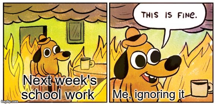 THE PAINNN | Next week's school work; Me, ignoring it | image tagged in memes,this is fine | made w/ Imgflip meme maker
