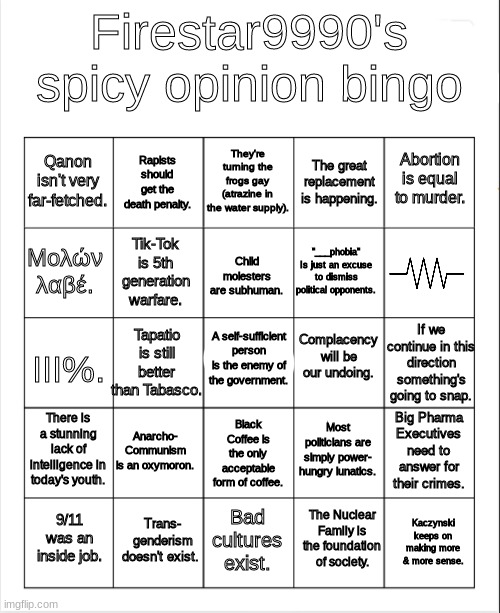 Mental Illness. | Firestar9990's spicy opinion bingo; They're turning the frogs gay (atrazine in the water supply). Rapists should get the death penalty. Abortion is equal to murder. Qanon isn't very far-fetched. The great replacement is happening. Μολών λαβέ. "___phobia" Is just an excuse to dismiss political opponents. Tik-Tok is 5th generation warfare. Child molesters are subhuman. Tapatio is still better than Tabasco. Complacency will be our undoing. III%. A self-sufficient person is the enemy of the government. If we continue in this direction something's going to snap. There is a stunning lack of intelligence in today's youth. Anarcho-
Communism is an oxymoron. Big Pharma Executives need to answer for their crimes. Most politicians are simply power-
hungry lunatics. Black Coffee is the only acceptable form of coffee. Trans-
genderism doesn't exist. 9/11 was an inside job. Bad cultures exist. Kaczynski keeps on making more & more sense. The Nuclear Family is the foundation of society. | image tagged in blank bingo | made w/ Imgflip meme maker