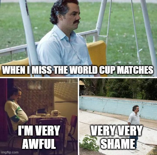 Meme no.3 | WHEN I MISS THE WORLD CUP MATCHES; I'M VERY
AWFUL; VERY VERY 
SHAME | image tagged in memes,sad pablo escobar | made w/ Imgflip meme maker