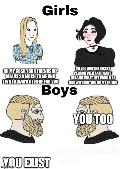 Girls vs Boys | NO YOU ARE THE NICEST PERSON EVER AND I CAN'T IMAGINE WHAT LIFE WOULD BE LIKE WITHOUT YOU AS MY FRIEND; OH MY GOSH YOUR FRIENDSHIP MEANS SO MUCH TO ME AND I WILL ALWAYS BE HERE FOR YOU; YOU TOO; YOU EXIST | image tagged in girls vs boys | made w/ Imgflip meme maker